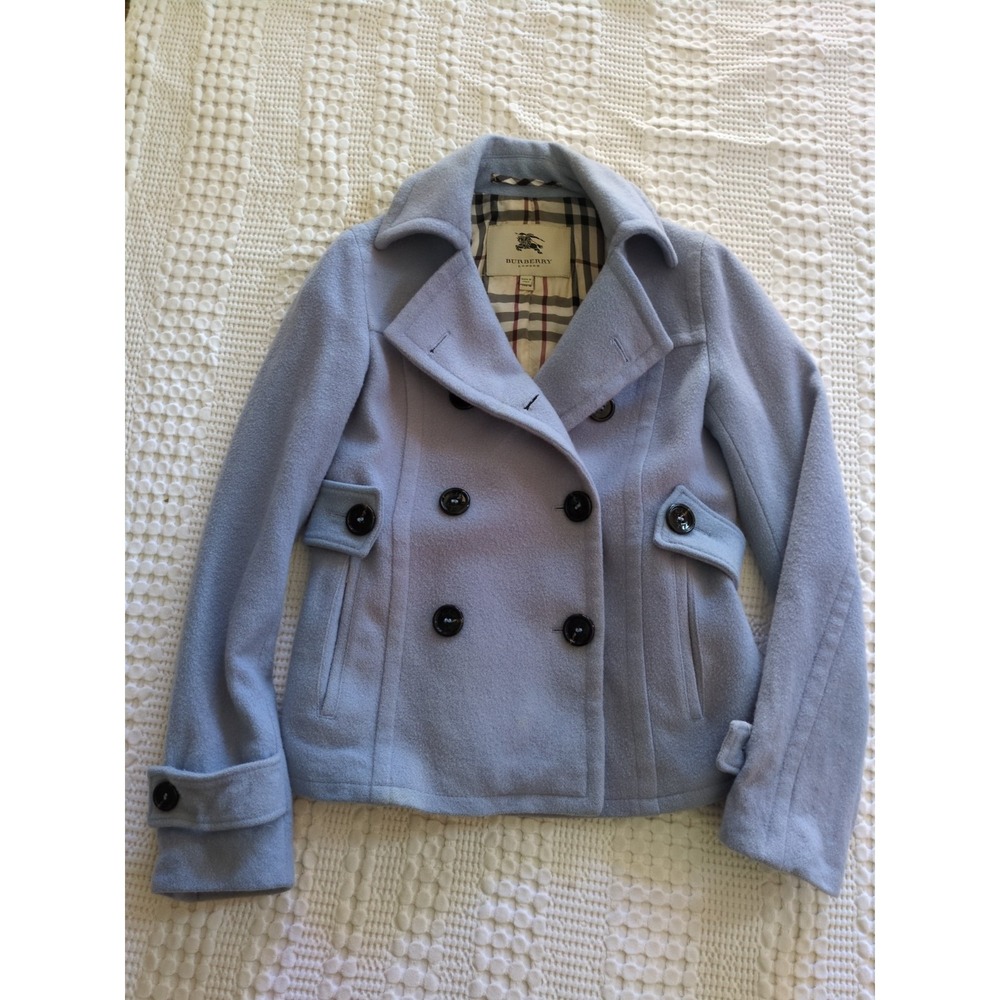 Burberry Nova Check Double Breasted Wool Cashmere Coat Baby Blue Short Size 2